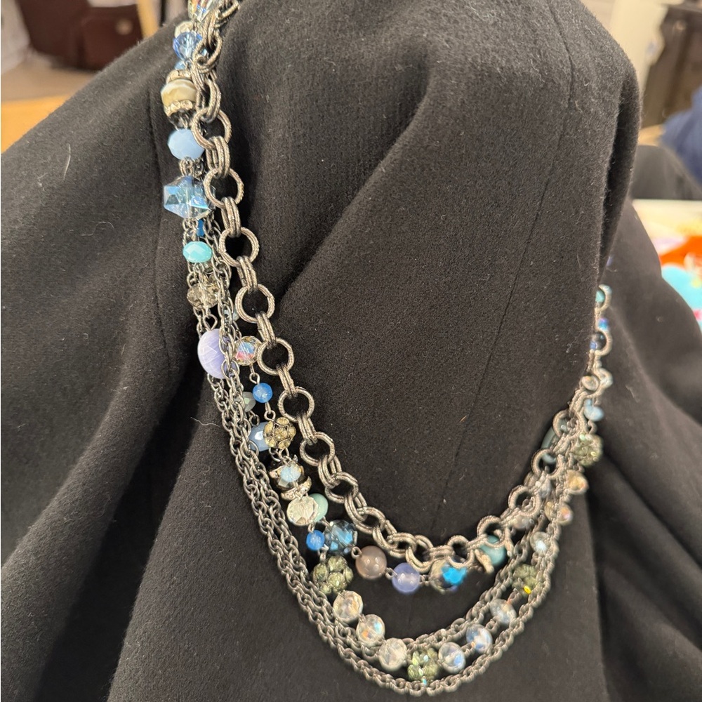 Elegant Multi-Chain Blue and Silver Necklace